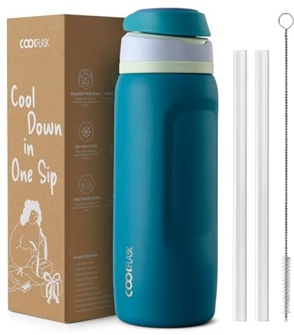 Coolflask MegaSip 1L Insulated Water Bottles Stainless Steel with Straw | Water Flask Leak-Proof, Triple-Wall Vacuum Copper, Cold 24+h/Hot 12+h, Dishwasher Safe, BPA-Free, for Office Gym & Hiking
