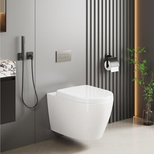 Aptliton Wall Hung Toilet, Rimless Washdown Mounted WC Pan with Soft Close Quick Release Seat, Modern Compact Ceramic Bathroom Floating Toilet, White