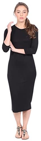 Kosher Casual Women's Modest Knee Length 3-4 Sleeve Layering Midi Dress, Black, L