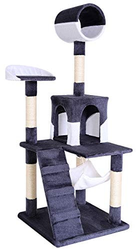 lionto Kratzbaum für Katzen mit Hängematte & Tunnel, Höhe 133 cm, Katzenbaum mit Sisalseil & weichem Plüsch, gemütliche Liegeflächen & Höhlen, für kleine & große Katzen geeignet, grau/weiß
