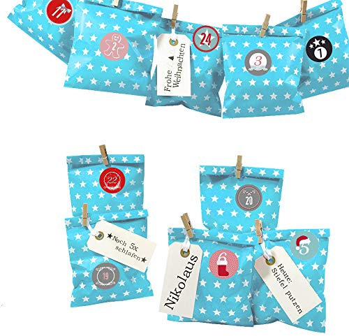 Frau WunderVoll® DIY ADVENTSKALENDER BESCHERUNG zum Befüllen, beachblau Stern, Ziffern bunt, Papiertueten flach 13x16,5cm / Weihnachten, Papiertüten, Kinder, Zahlen, Geschenkbeutel, Aufkleber