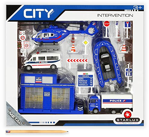 STARLUX – Coffret de Petites Voitures de Police avec Poste de Douane, hélicoptère de Police, Zodiac et Panneaux Routiers – Jouet Enfant 3 Ans et Plus - 806102