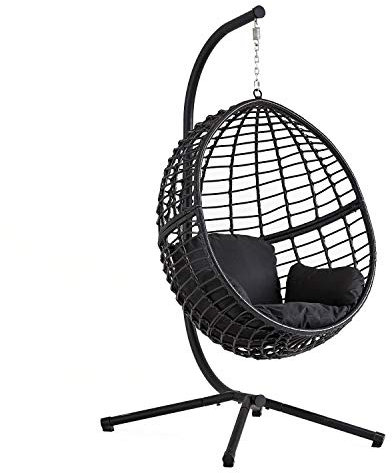 CONCEPT USINE | Fauteuil Suspendu Noir en Rotin Naturel | Design Auroa | Structure en Acier | Coussin Déhoussable | Revêtement en Poudre | Hamac Balançoire sur Pied terrasse Jardin | Résiste à l'eau