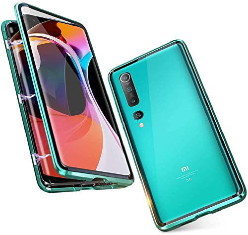 Hülle für Xiaomi Mi 10/ Mi 10 Pro Handyhülle 360 Grad Komplettschutz Magnetische Adsorption Ultra dünn Metallrahmen Schutzhülle Vorne und Hinten Transparent Gehärtetem Glas Schutz Flip Cover,Grün