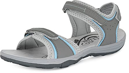 GRITION Trekkingsandalen Damen Latex & Mesh Futter mit offenen Zehen Bequeme weiche Wanderschuhe Atmungsaktiver verstellbarer Robuster rutschfester Sommer Outdoor Flach Breite (36, Grau Blau) MEHRWEG