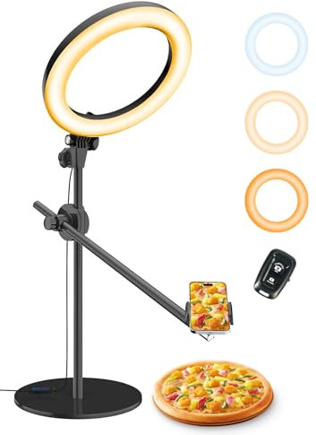 LUXSURE Overhead Stativ Handy mit Ringlicht, Handy Tischstativ mit Ringlicht, 10,5 Zoll Ringlicht mit Verstellbar Arm und Handyhalterung für Inhaltserstellung/Videoaufnahmen/Kochen/Makeup/Zeichnen