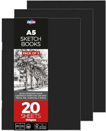 Zieler® Skizzenbücher mit weichem Einband, A5, 140 g/m², 20 Blatt, glatte, weiche weiße Blätter, 3 Stück