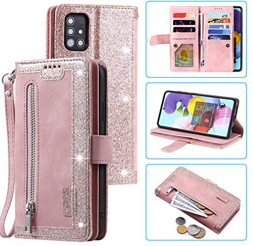 UEEBAI Hülle für Samsung Galaxy A53 5G, Retro Reißverschluss Handyhülle PU Leder Handytasche Bumper mit 9 Kartenfächer Standfunktion Geldbörse Trageband Schutzhülle Flip Wallet Case - Roségold