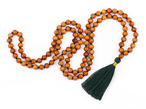 Bodhi Mala Kette mit Sandelholz-Duft und farbiger Quaste in dunkelgrün, 108 Perlen