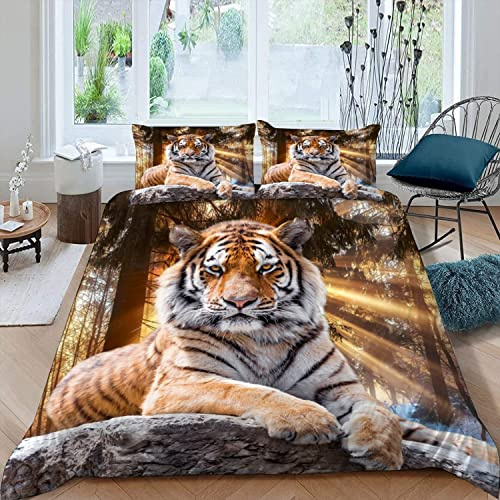 XIWEIER Parure de Lit 3 Pièces Tigre Animal de la forêt Housse de Couette 220x240 Enfant 2 Personnes 3D Motif avec Fermeture Éclair Hypoallergique Microfibre avec 2 Taies d'oreiller 50x75 cm