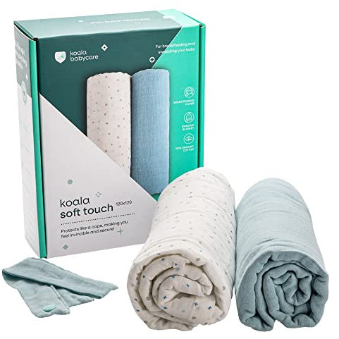 KOALA BABYCARE - Neugeborenen-Mussline 120x120 Baumwolle - Packung mit 2 Stück - Neugeborenen-Baumwoll-Stilldecke und Neugeborenen-Wickeltuch für Swaddle Neugeborene