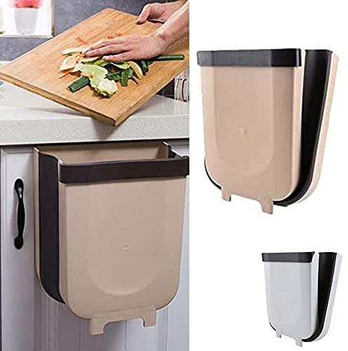 plastific Kitchen Over Cabinet Drawer Door Hanging Organizer Basket Balance Attach a Trash Waste Bin Box (Beige - Folding Trash Can)
