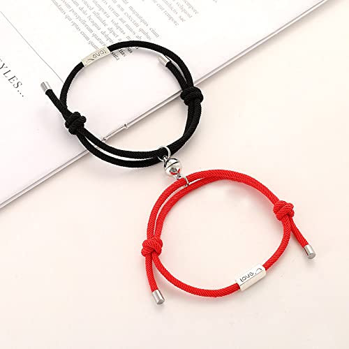 OLGER Herren Armband, 2Pcs Magnet Paar Passendes Armband Adjustbale Schwarz Rot Seil Beziehung Braslet Paired Braclet Für Frauen Männer Freund Liebhaber Geschenk