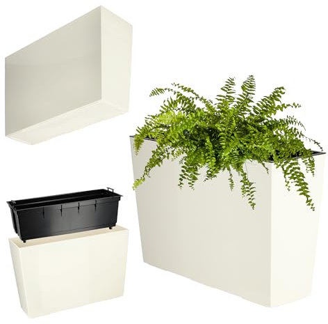 KADAX Jardinera de plástico, 18,5 x 55,7 cm, 5 colores, maceta con cintas de riego, jardinera para balcón con inserto, jardinera para exteriores, cubo de flores (rectangular, brillante, crema)