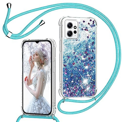 TUUTPU Coque pour Xiaomi Redmi Note 12 4G avec Cordon, Paillette Liquide Étui pour Téléphone avec Lanière, Transparent Silicone Collier Réglable Protection Housse Portable Lanyard Case, Bleu
