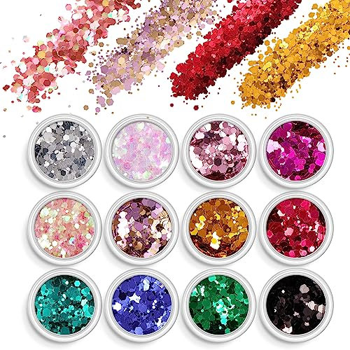AOOWU Chunky Glitter, 12 Colors 3D Nail Art Glitter Sequins for Festival Nails & DIY Art (Holographic, Face, Body & Eye)