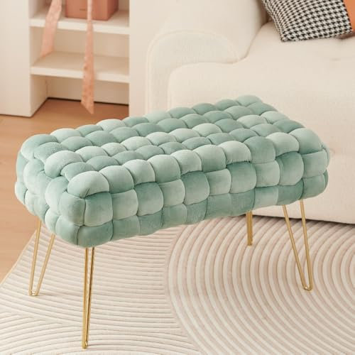 Zedelmaier Moderner Velvet Kosmetik Hocker, Quadratisch Ottoman-Fußhocker mit goldfarbenen Metallbeinen, Gepolsterte Sitzhocker,Strick Samt Hocker (Hellgrün, 70x38x41.5cm)