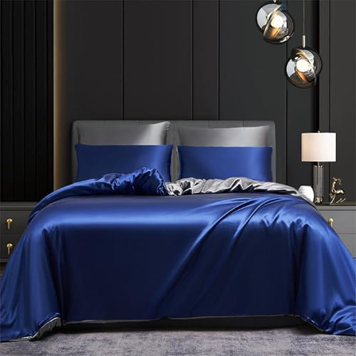 Gezu Housse De Couette Satin 220x240 Bleu Saphir Bleu Foncé Gris Unie Double Face avec 2 Taies d'oreiller 65x65 2Personnes Satin Parure de lit Sets de Modern Uni Ensemble Literie avec Fermeture Éclair