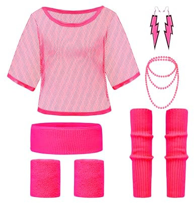 Clundoo 9PCS Costume Annee 80 Femme Fluo, Déguisement Année 80 Accessoire Femme Fluo Disco, avec T-Shirt en Maille, Un Bandeau, Manchette, des Jambières, Un Collier, des Boucles d'oreilles (Rose)