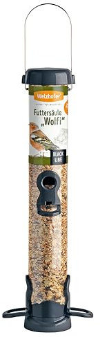 Welzhofer Vogel Futtersäule Black Line Wolfi - Vogelfutterspender & Futterstation für Wildvögel - 4 Sitzringe, 1,5 Liter Kapazität, 69mm Innendurchmesser für alle Futterarten, Metallbeschläge