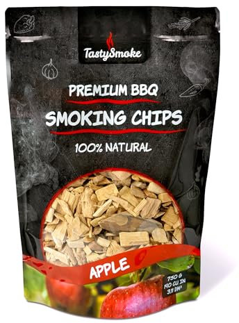 TastySmoke® Hochwertige Räucherchips Apfel – 100% natürliches Holz für intensives Raucharoma, ideal für BBQ, Smoker, Grill – 750g Räucherholz für Fleisch, Fisch, Gemüse