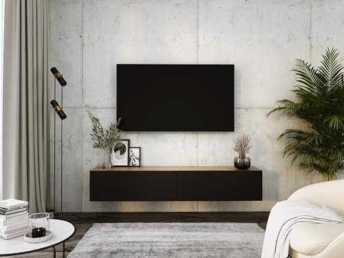 3E 3xE living.com Meuble TV Suspendu, D : L : 2 x 100 cm, H : 34 cm, P : 32 cm, Chêne Wotan/Noir Mat