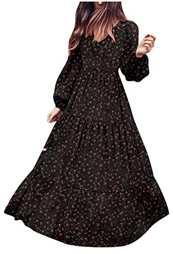 Maxi Dresses for Women UK Casual Floral Print Long Dress V Neck Long Sleeve Chiffon Dresses Ladies Elegant Pleated Dress Loose Fit Swing Party Dresses Black