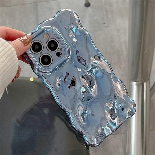 JANDM Schutzhülle für iPhone 15, 3D-Wellen-Blasenform, geriffeltes Chrom-Muster, weich, vergilbungsfrei, Glitzer, glänzend, Kamera, stoßfest, für Damen und Mädchen, Blau