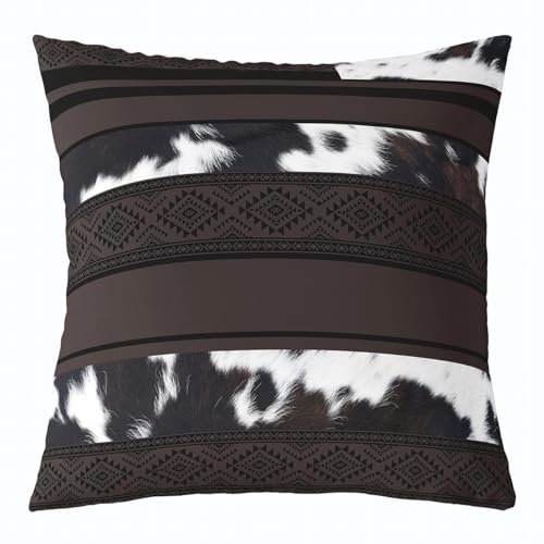 Western Kuhfell Kissenbezug 40x40 Einzelpack, Kuhfell Tribal Geometrische Muster Kissenbezug für Patio Zelt Balkon, Retro Land Geometrische Streifen Kissenbezug für Erwachsene