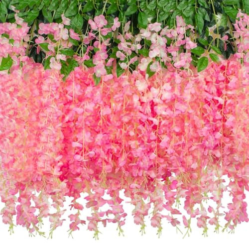 Muccp 2 Pack 20 Branches Artificial Wisteria Hanging Flowers 6 Feet Wisteria Vine Silk Wisteria Flowers Garland for Wedding DIY Party Garden Home Decor (Pink)