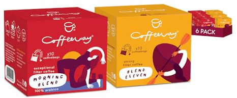 Coffeeway Morning Blend x3 Blend Eleven x3 Filter Coffee Bags, 60 Bags 10 x 6 Pack - 100 Percent Arabica Coffee, Sugar Free Low Calorie, Vegan Friendly, Balanced Variety Pack