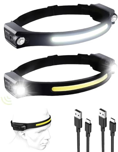 Stirnlampe LED Wiederaufladbar, Double Spot Light 230° COB Sensor Stirnlampe, Superhell 1200 Lumen mit 5 Modi, 12 Stunden Laufzeit, IPX4 Wasserdicht, Perfekt zum Joggen, Campen, Angeln(2 Stück)