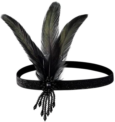 1920s Feder Stirnband, Flapper Stirnband, Damen Gatsby Kostüm Accessoires, Vintage Kostümzubehör, Quaste Kristall Feder Stirnband für Hochzeitsfeier Karneval Fasching Deco Kostüm (Schwarz, Standard)