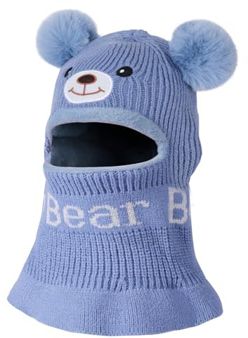 AYPOW Kinder Schlupfmütze Mädchen Jungen, Warme Schalmützen Wintermütze Fleece Gefüttert Niedlich Winddicht Strickmütze mit Bommel Beanie Mütze Loop Schal Kindermütze