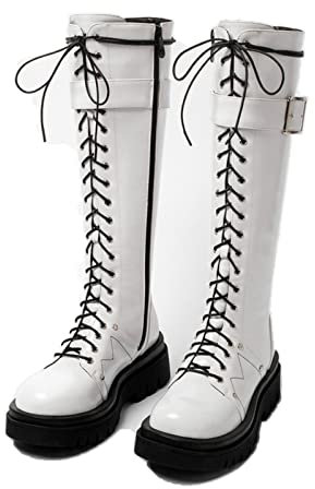 KUHAOFEU Donna Plateau Stivali Alti al Ginocchio Stringate Biker Combattimento Stivali,Bianca,40 EU