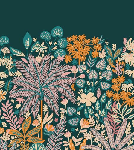 ESTAhome fotomural hojas y flores tropicales azul y naranja 2.5 x 2.79 m