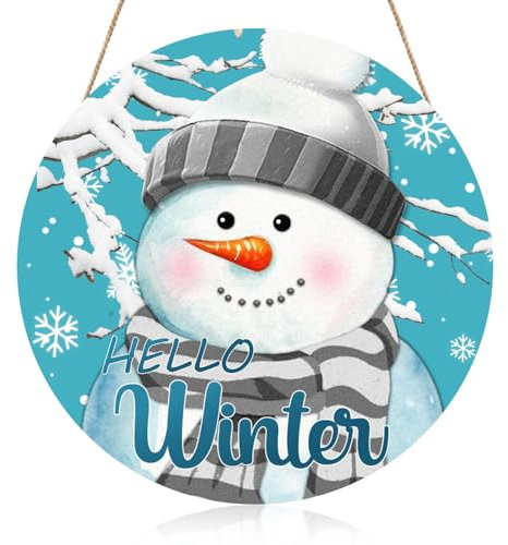 Weihnachtsschilder für Kränze, zum Aufhängen, Schneemannkranz, „Hallo Winter“, Schneemann-Türdekorationsgeschenke, blaues Weihnachts-Willkommensschild,Holzkranz Wand hängende Dekoration