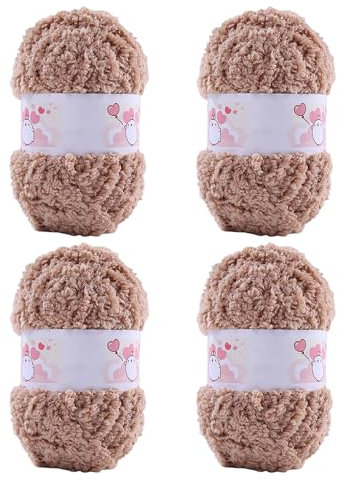 ACESOME Lot de 4 pelotes de fil en peluche de 50 g avec franges, fil en fourrure synthétique moelleux, à franges, super doux, pour crochet, tricot, en microfibre, couleur camel