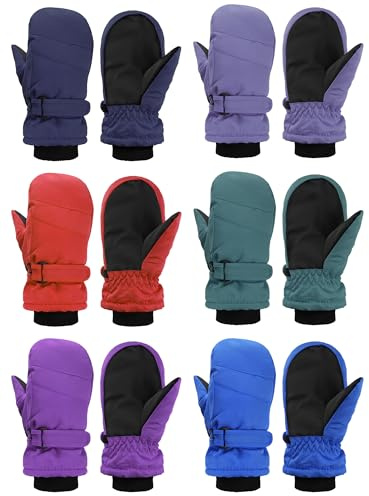 Newcotte 6 Pairs Winter Ski Mittens Kids Waterproof Warm Snow Gloves for Boys Girls Cold Weather Outdoor Activities(Navy, Light Purple, Bright Red, Green, Purple, Blue,5-8 Years)