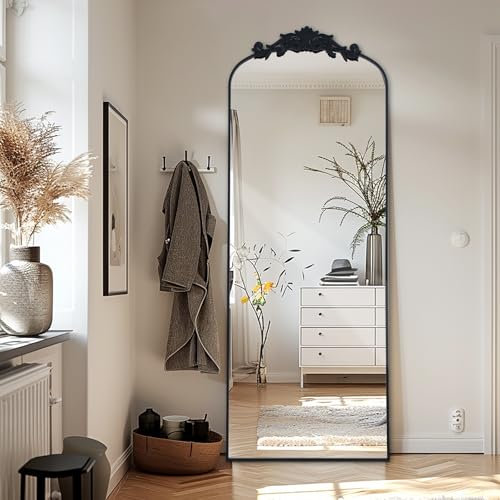 LunaMirror Filigree Standspiegel 162x52cm Ganzkörperspiegel met Vintage Sierlijke Gesneden Applicatie Retro Home Decor Wandspiegel voor Woonkamer Slaapkamer Hal Entree, Schwarz