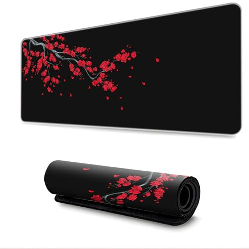 Surwin Tapis de Souris Gamer avec Bords Surpiqués et Base en Caoutchouc Antidérapante, Noir Grand sous Main Bureau pour Clavier et Souris, Mouse Pad pour Gaming (300x700mm,Rouge)