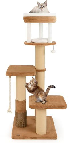 COSTWAY Arbre à Chat XXL 164 cm, Arbre a Chat Maine Coon, 3 Griffoirs pour Chat en Sisal, Brosse d'Toilettage, Arbre a Chat Design, 4 Plateformes, Coussins Amovible, Corde en Sisal, Pompon