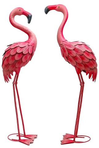 YOUKI Lot de 2 flamants roses en métal pour cour, jardin, statues de flamant rose rouge, sculptures d'extérieur pour extérieur, maison, terrasse, pelouse, décoration de jardin
