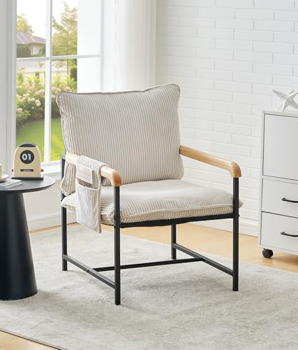 TUKAILAI Loungesessel aus Cordstoff, Polstersessel Fernsehsessel Lesesessel Ohrensessel, Modern Sessel mit Armlehnen Metallrahmen, Relaxsessel für Wohnzimmer Schlafzimmer Balkon, Creme