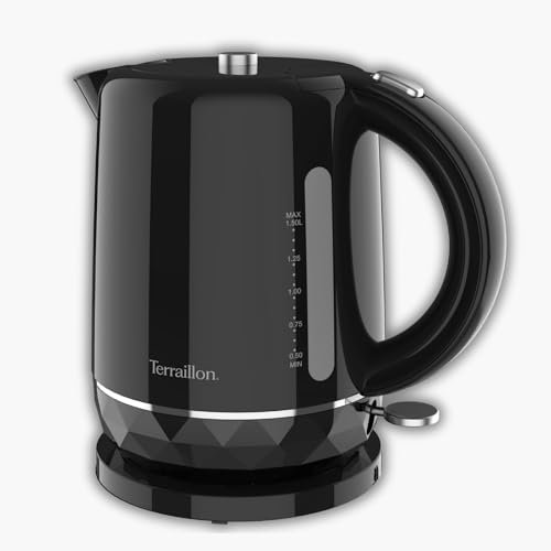 TERRAILLON -DIAMANT NOIR - Bouilloire Electrique 1,5L, 2200W, Base pivotante 360°, Arrêt Automatique et bouton rétroéclairé, Indicateur de niveau d'eau, Base reliefée effet Diamant, Noir