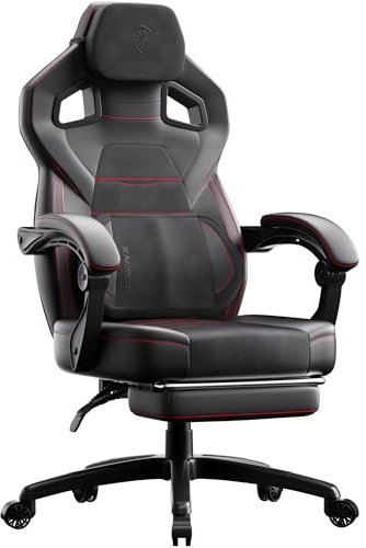 Dowinx Gaming-Stuhl aus PU-Leder mit Fußstütze, großer und hoher ergonomischer Computerstuhl mit Lendenstütze, breiter Rückenlehnen-Gamer-Stuhl für schwere Personen, Schwarz