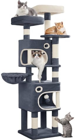 Hzuaneri Arbre à Chat Hauteur 159 cm, Tour de Jeux pour Chat avec 8 Griffoirs, 3 Plateformes, 2 Niches, Panier, Pompons, Convient Aux Chats de Toutes Tailles, Gris Foncé MS15918SG