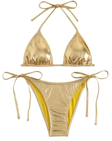 Bikini Métallique Femme Deux Pièces Sexy Triangle Taille Haute Bas String Maillot de Bain avec Haut Halter à Lacets