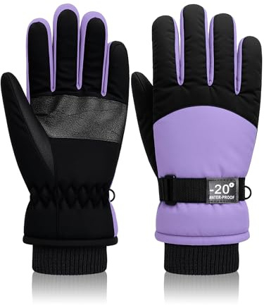 Geyoga Jetec Kids Waterproof Winter Snow Ski Gloves for Boys Girls Warm Thickening Snowboard Gloves Outdoor(Light Purple,8-12 Years)