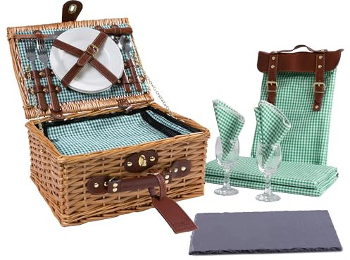 eGenuss Picknickkorb 2 Personen aus Weide–mit Kühlfach, Decke, Schieferplatte & echtem Glas–personalisierbar mit Lasergravur – wählbar in Rot/Blau/Grün Hochzeit & Outdoor-Picknick